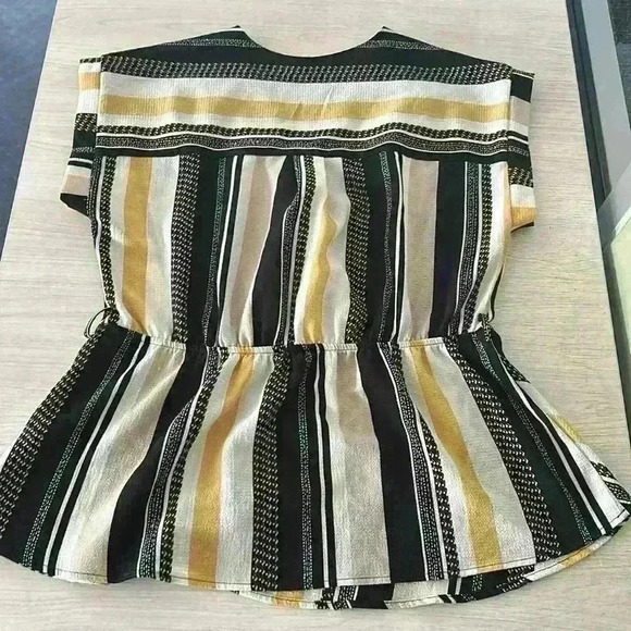 Monteau Black Yellow White Striped Short Sleeve Top Size Large - Picture 7 of 12